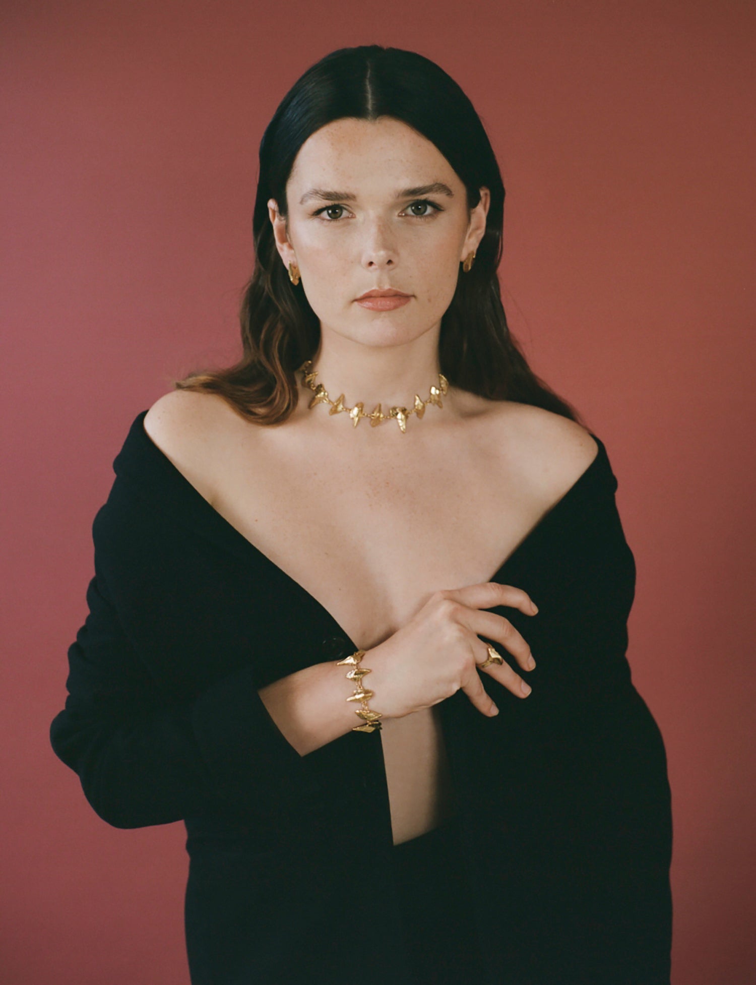 Model wearing bespoke handcrafted Richard Murphy Jewellery