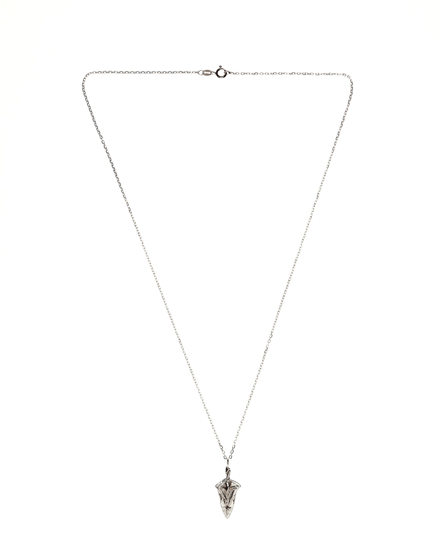 Wide view of sterling silver spear shaped necklace