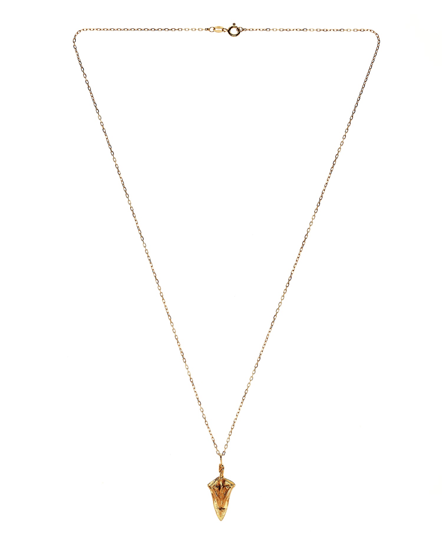 Wide shot of gold vermeil spear shaped necklace showing the clasp