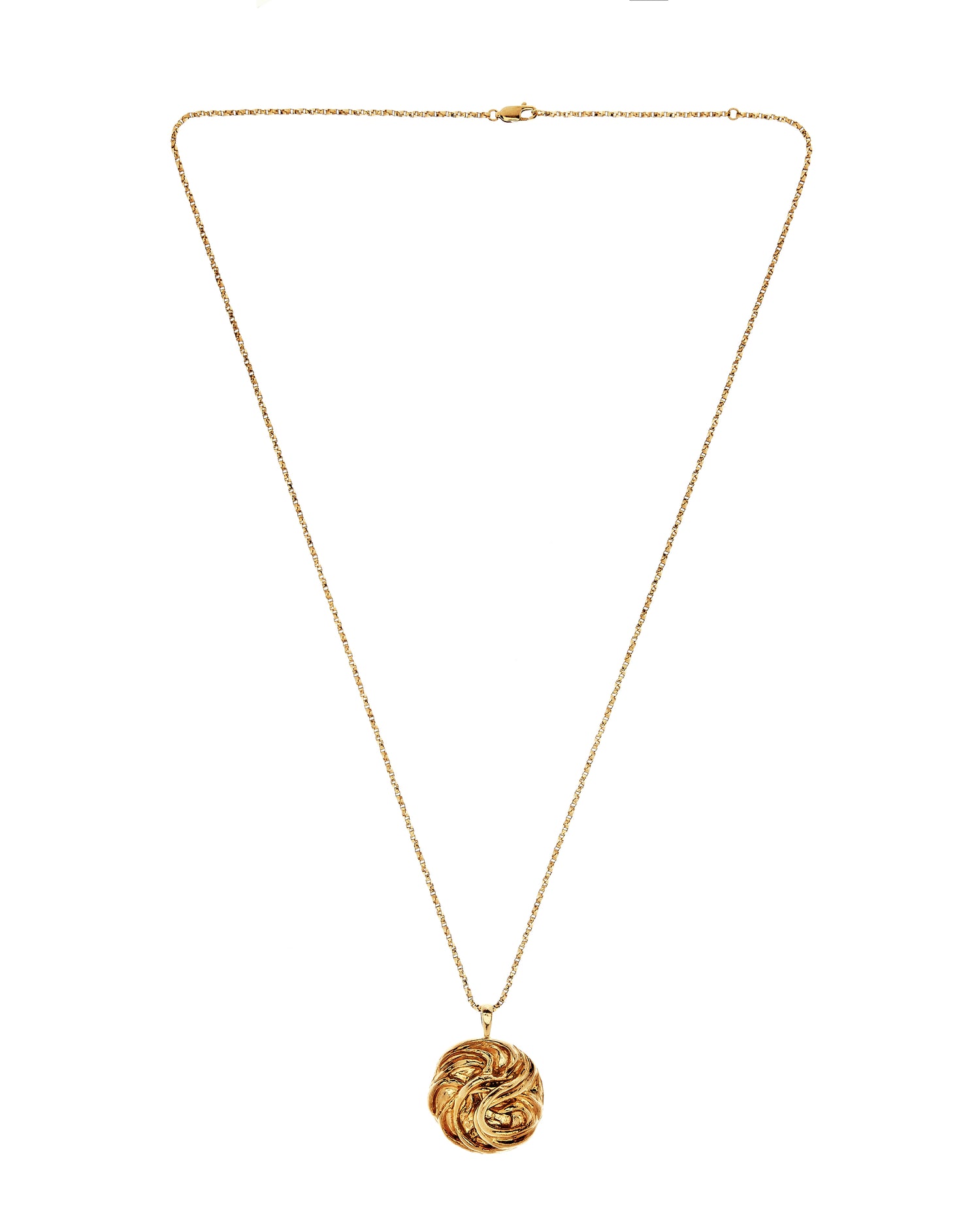 Full wide shot of gold vermeil necklace with spiral detail and lobster clasp chain