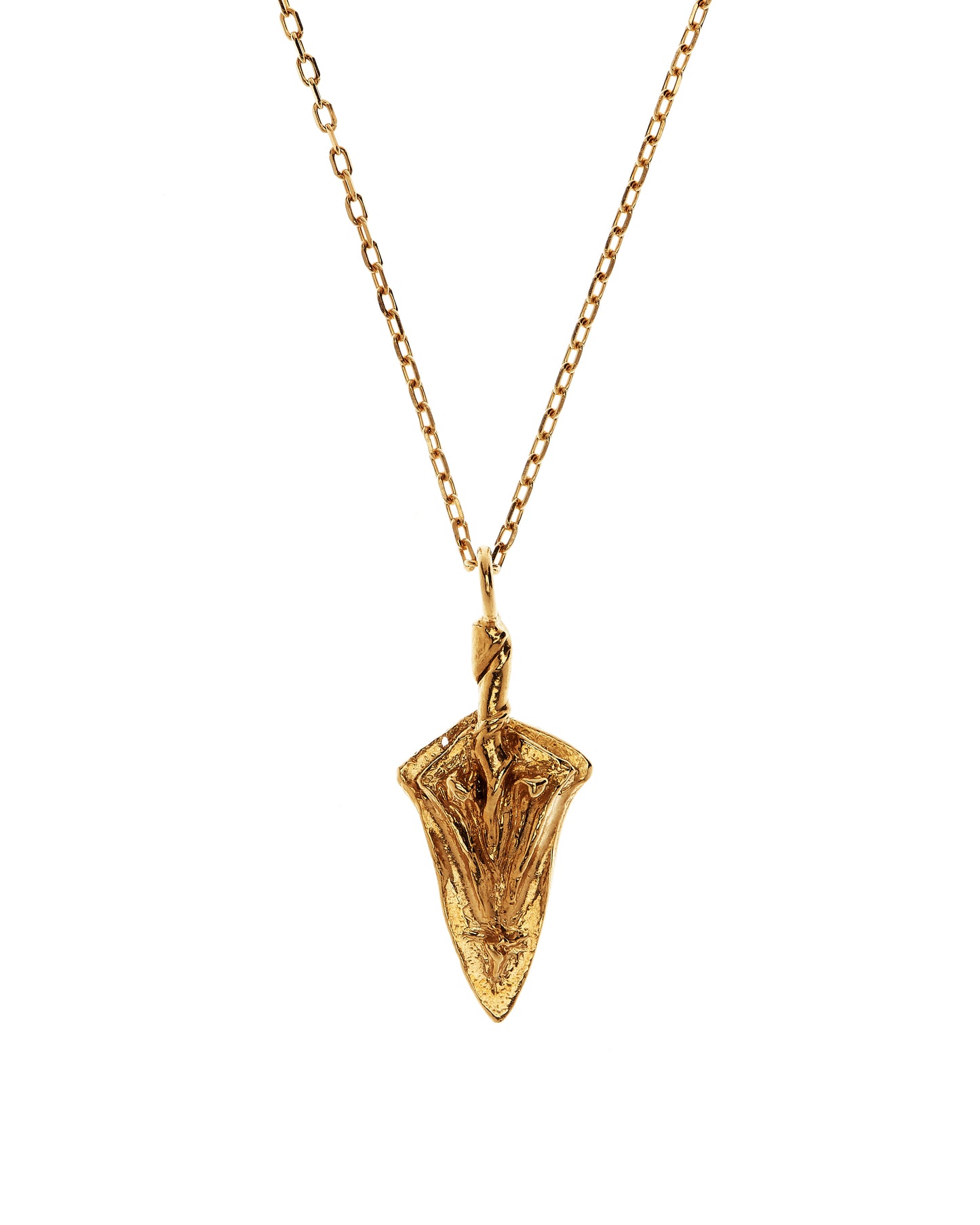 Close up of gold vermeil spear shaped necklace