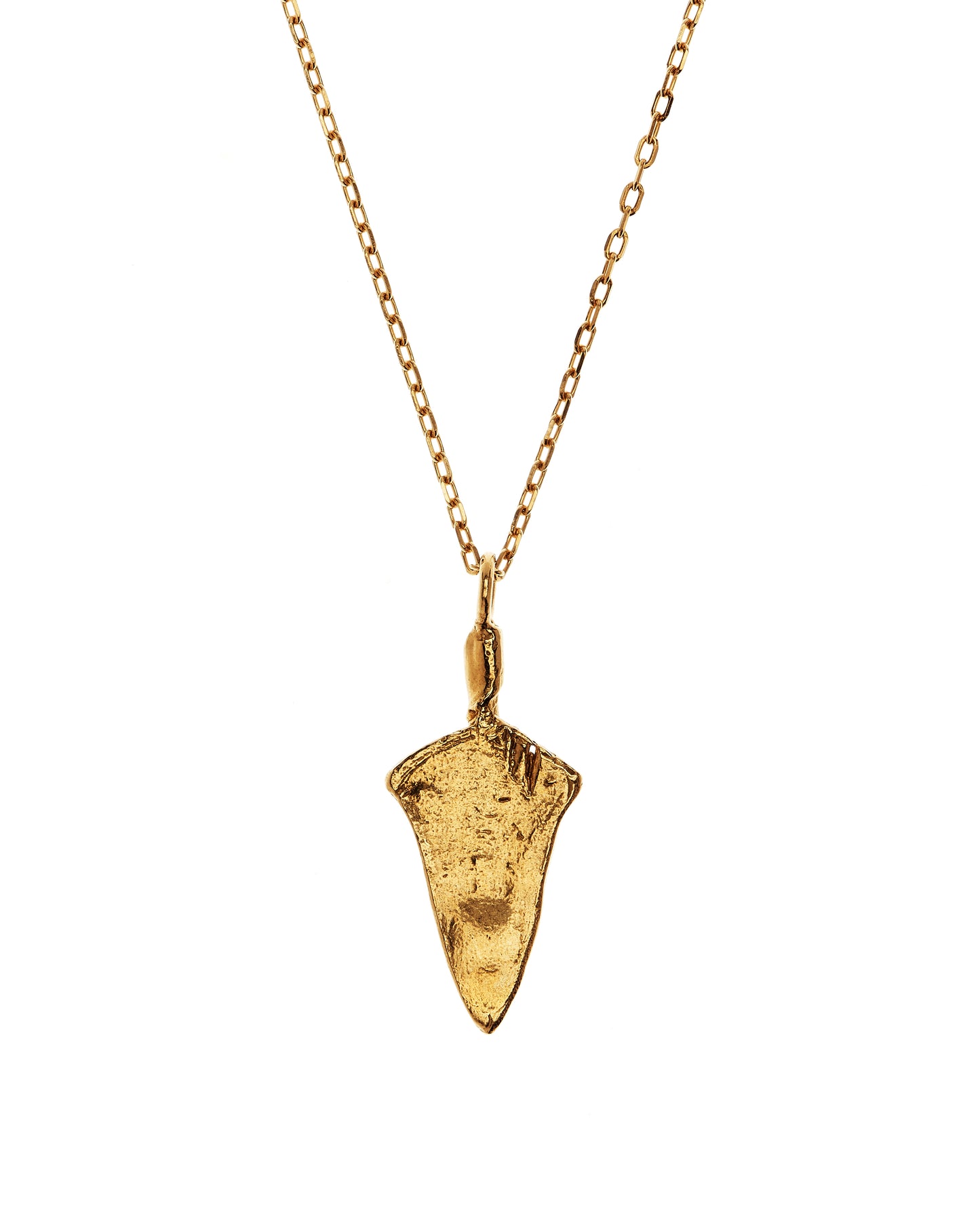 Close up of gold vermeil spear shaped necklace
