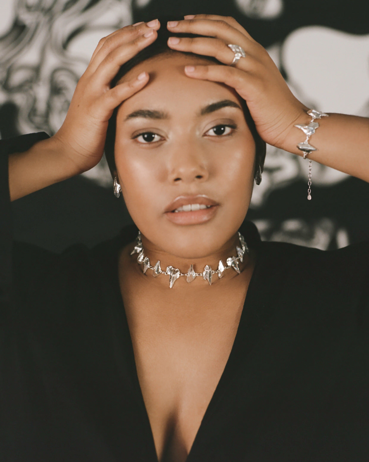 Model wearing punk style sterling silver choker