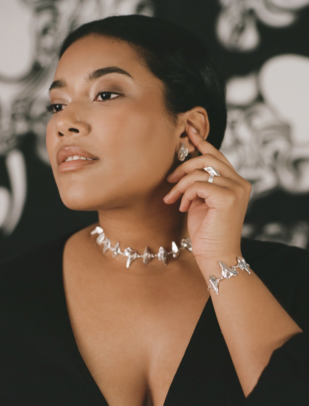 Model wearing Irish jewellery set in sterling silver