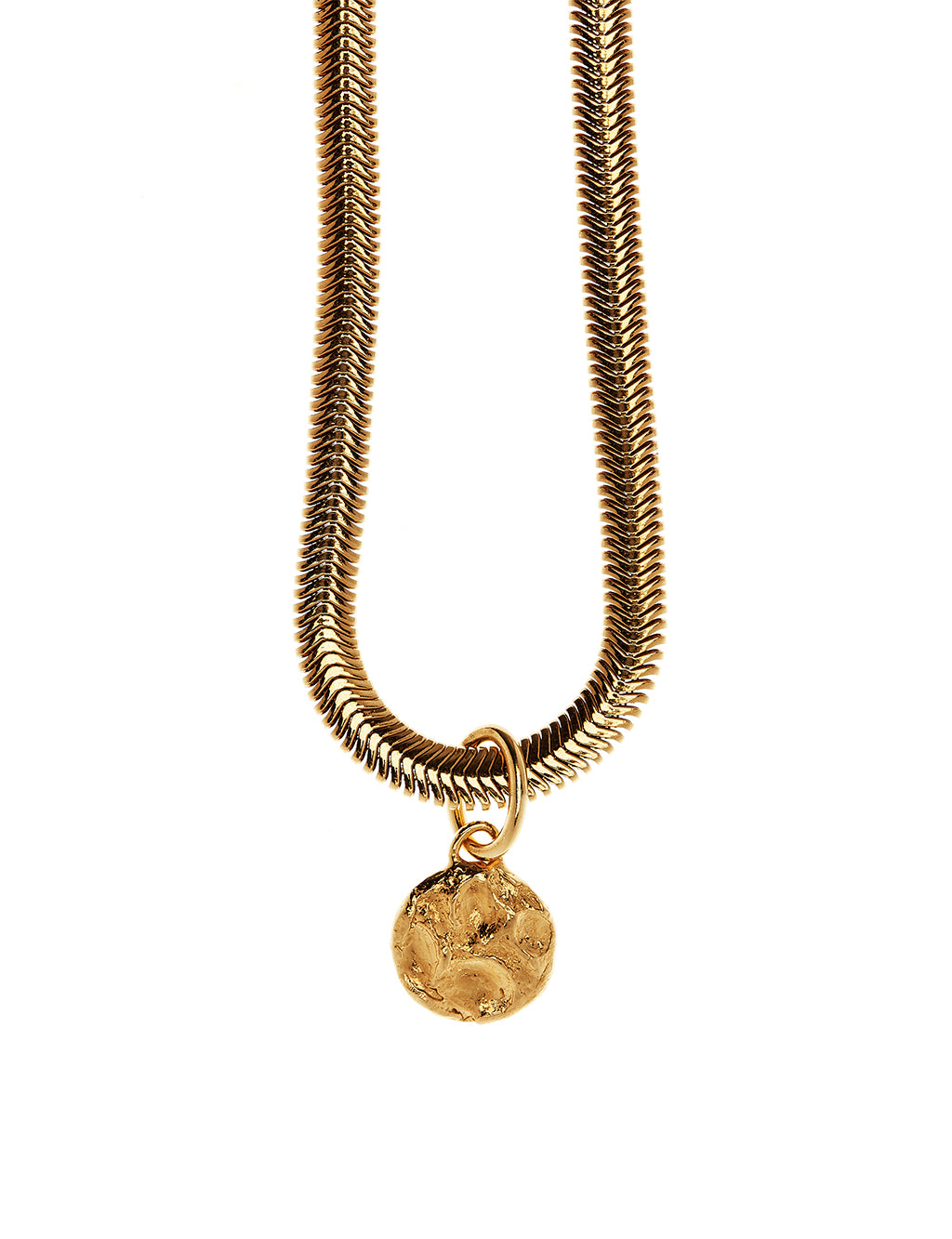 Close up of snake chain with gold vermeil pendant